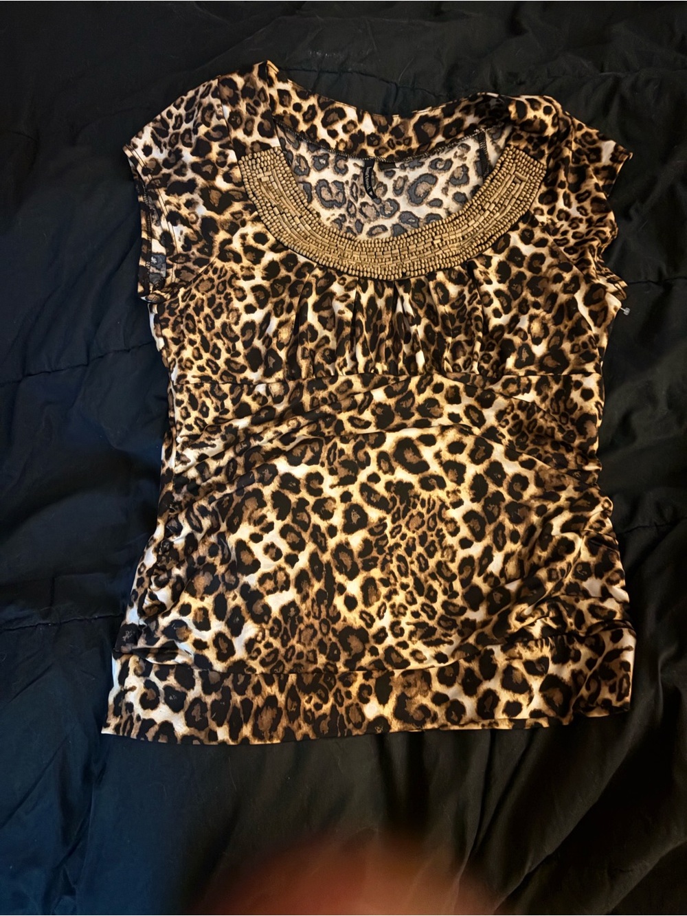 HeartSoul Leopard Print Beaded Neck Top - Brown